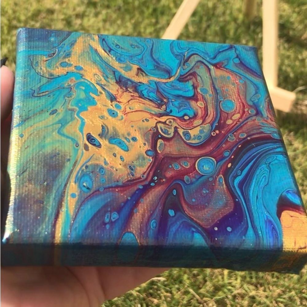 4”x4” Blue & Gold Abstract Painting Small Canvas